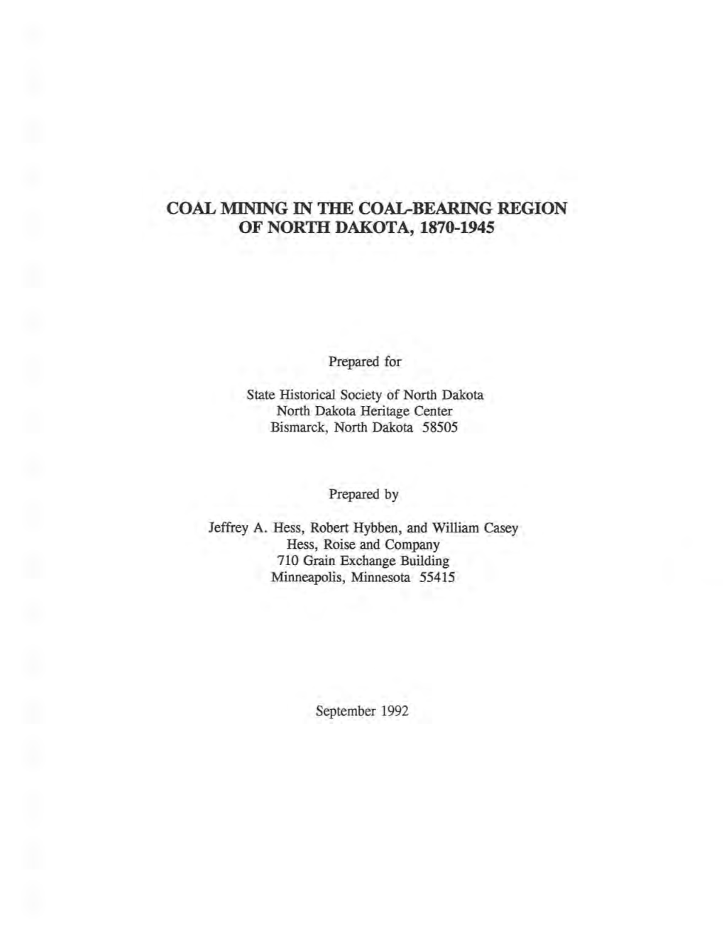 Coal Mining in the Coal-Bearing Region of North Dakota, 1870-1945