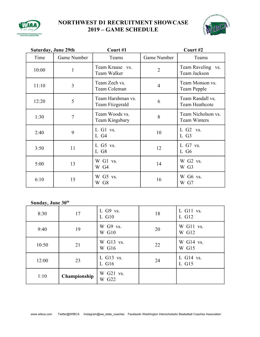 Game Schedule ​ ​