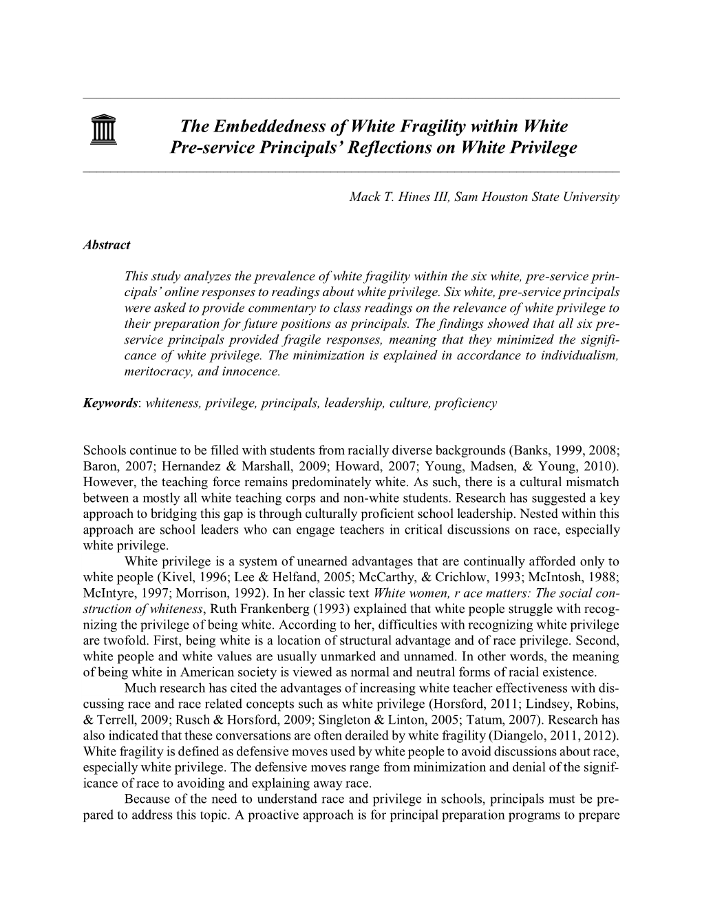 The Embeddedness of White Fragility Within White Pre-Service Principals’ Reflections on White Privilege ______