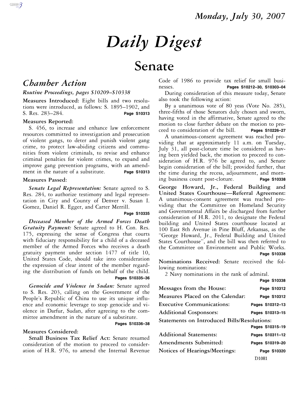 Daily Digest Senate Code of 1986 to Provide Tax Relief for Small Busi- Chamber Action Nesses