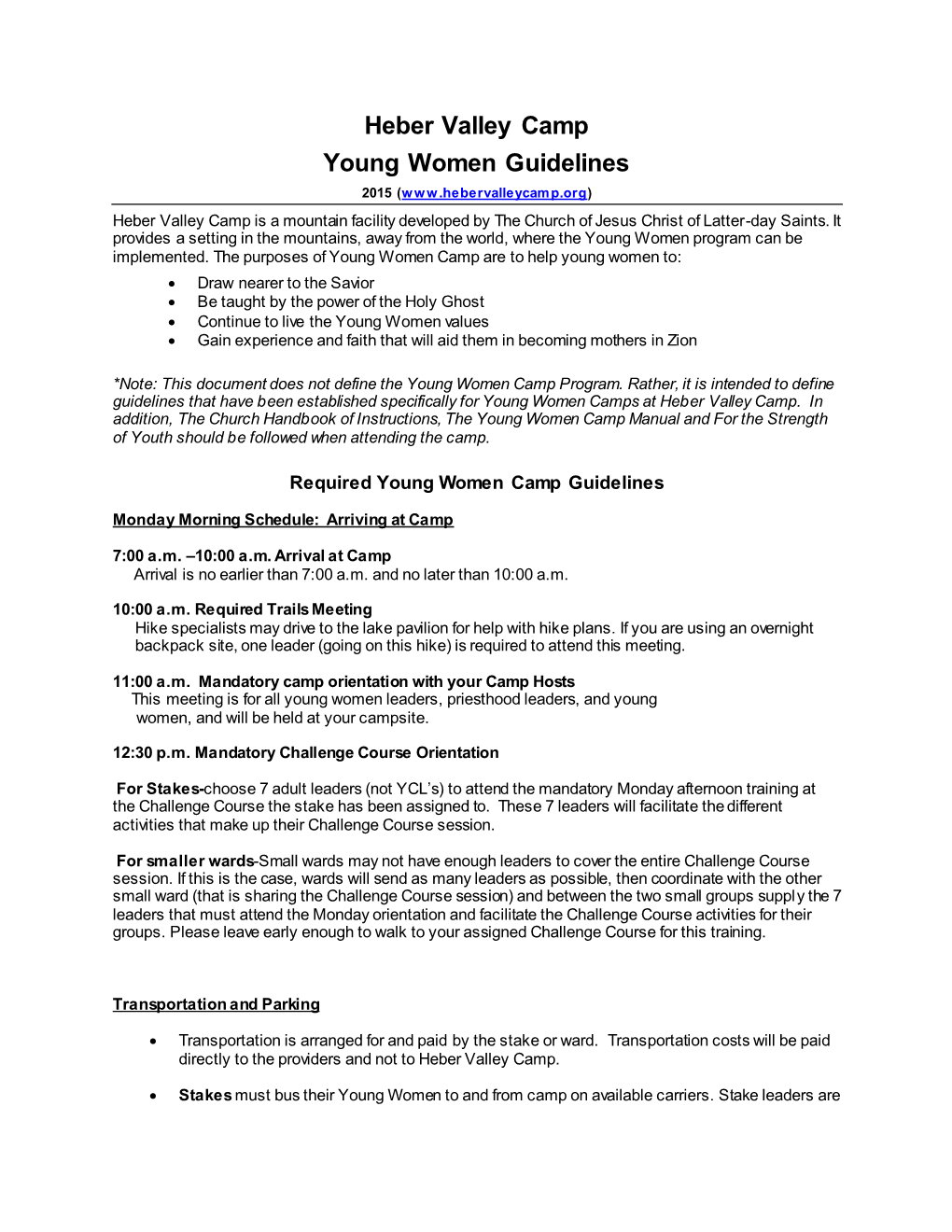 Heber Valley Camp Young Women Guidelines