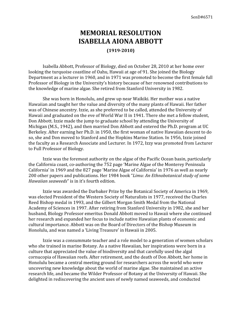Memorial Resolution Isabella Aiona Abbott (1919-2010)
