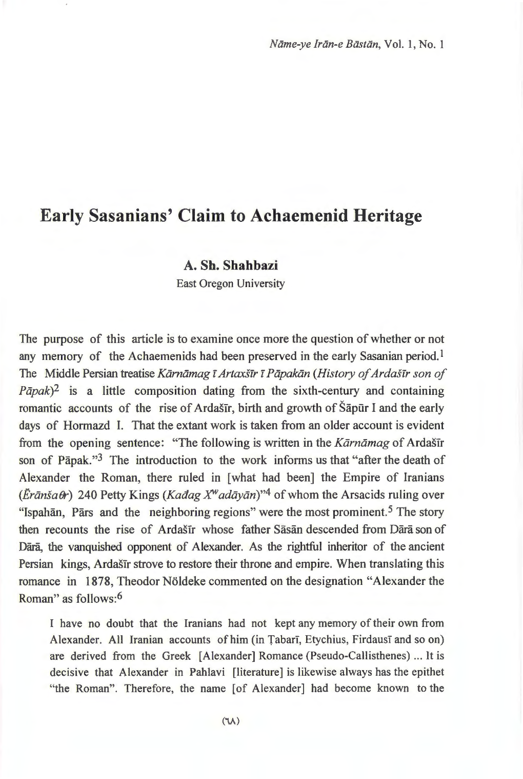 Early Sasanians' Claim to Achaemenid Heritage