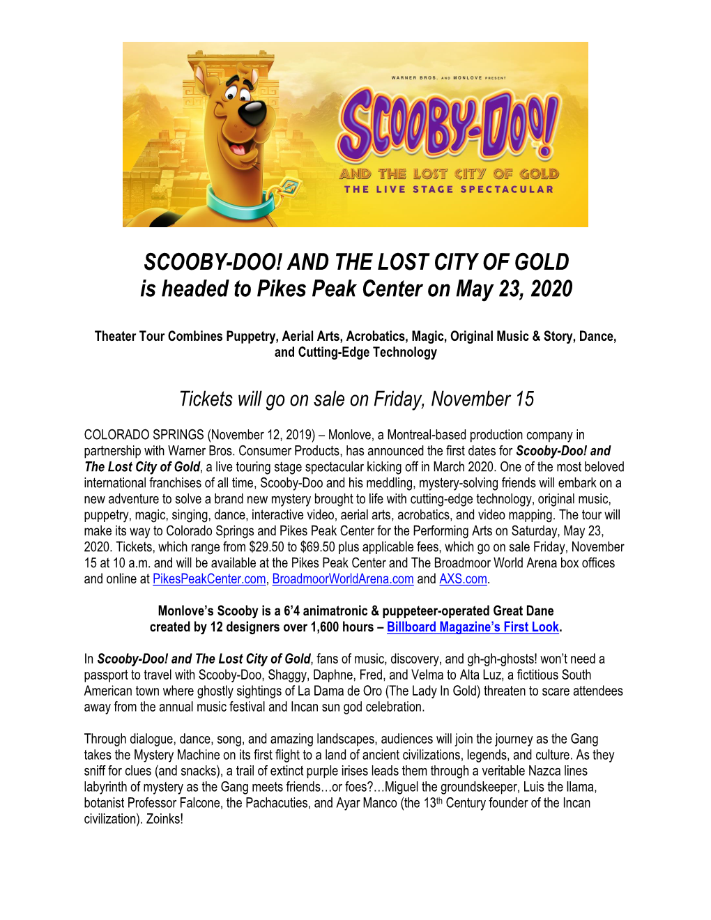 SCOOBY-DOO! and the LOST CITY of GOLD Is Headed to Pikes Peak Center on May 23, 2020