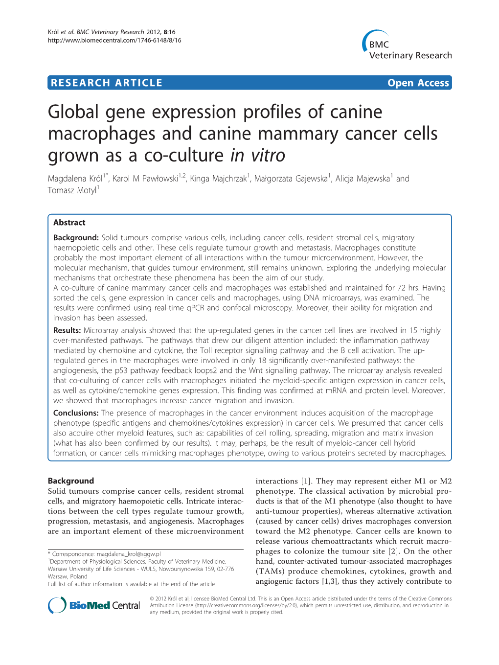 Global Gene Expression Profiles of Canine Macrophages and Canine