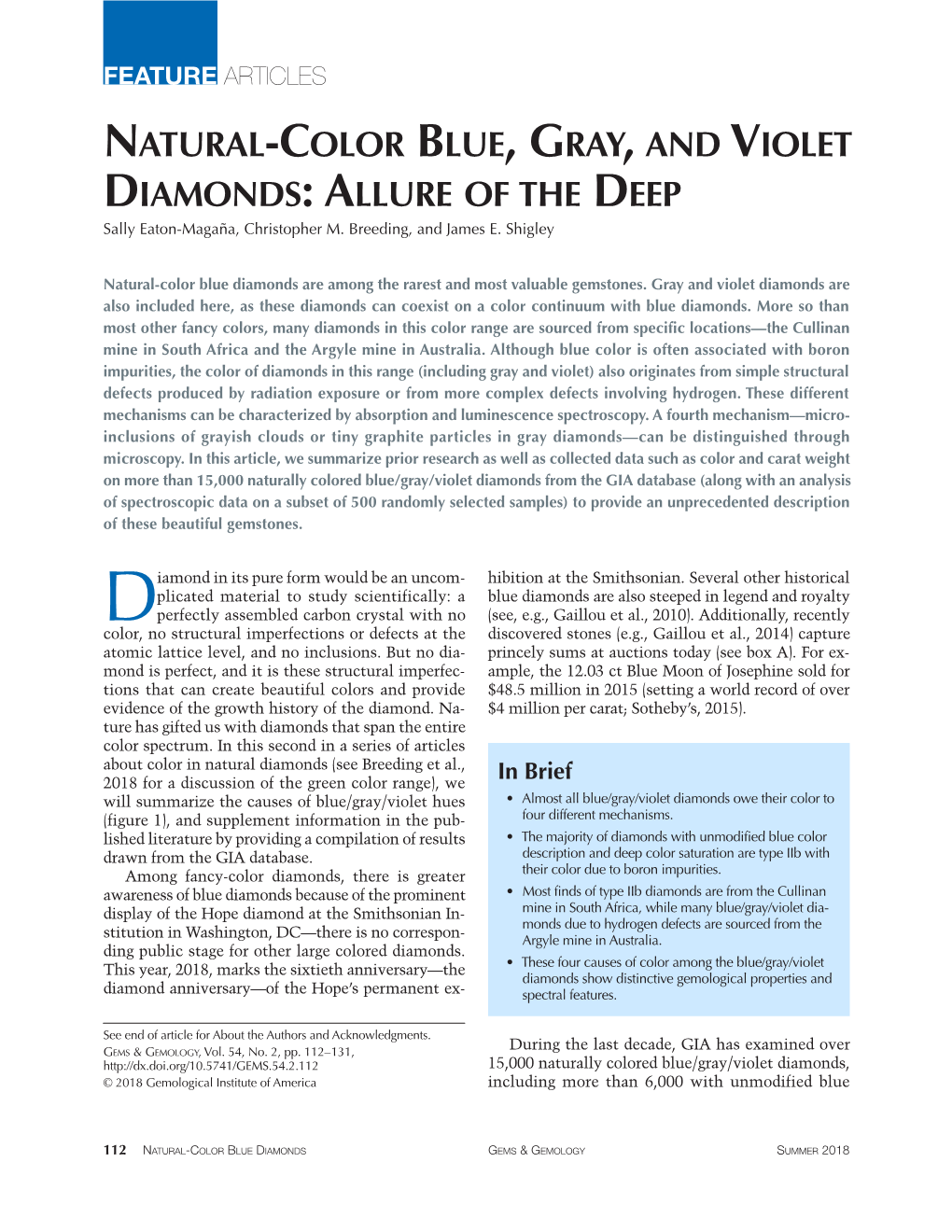 NATURAL-COLOR BLUE, GRAY, and VIOLET DIAMONDS: ALLURE of the DEEP Sally Eaton-Magaña, Christopher M