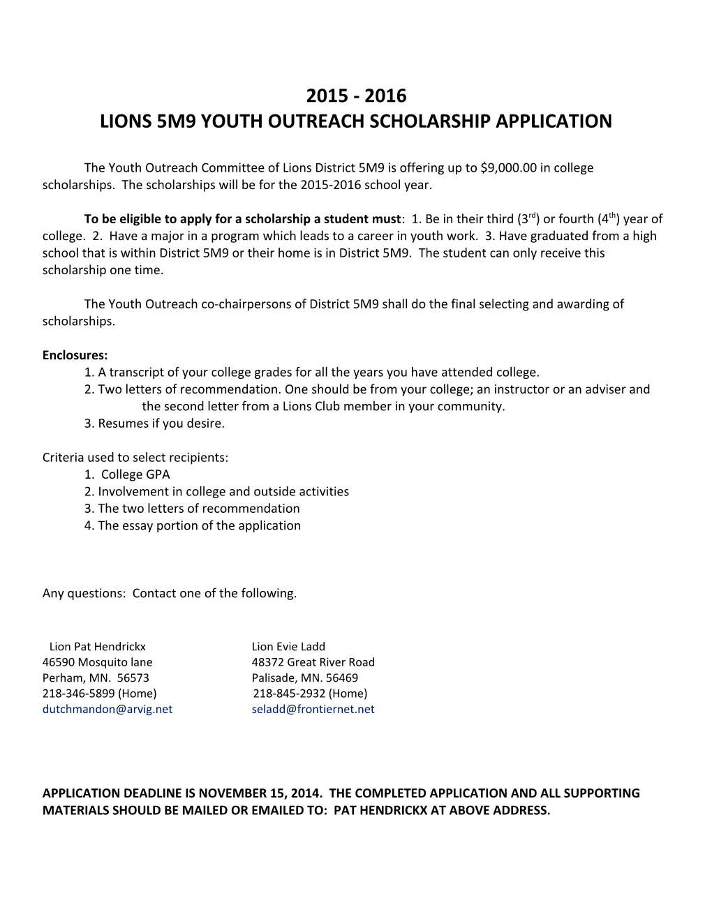 Lions 5M9 Youth Outreach Scholarship Application