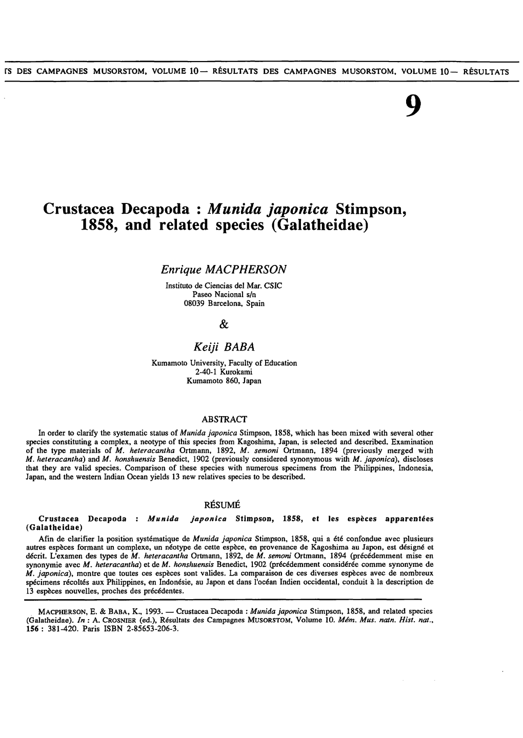 Crustacea Decapoda : Munida Japonica Stimpson, 1858, and Related Species (Galatheidae)