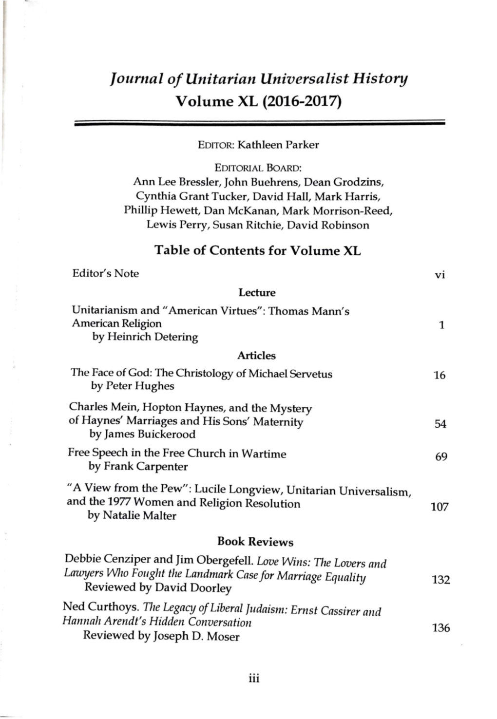 Journal of Unitarian Universalist History Volume XL (2016-2017)