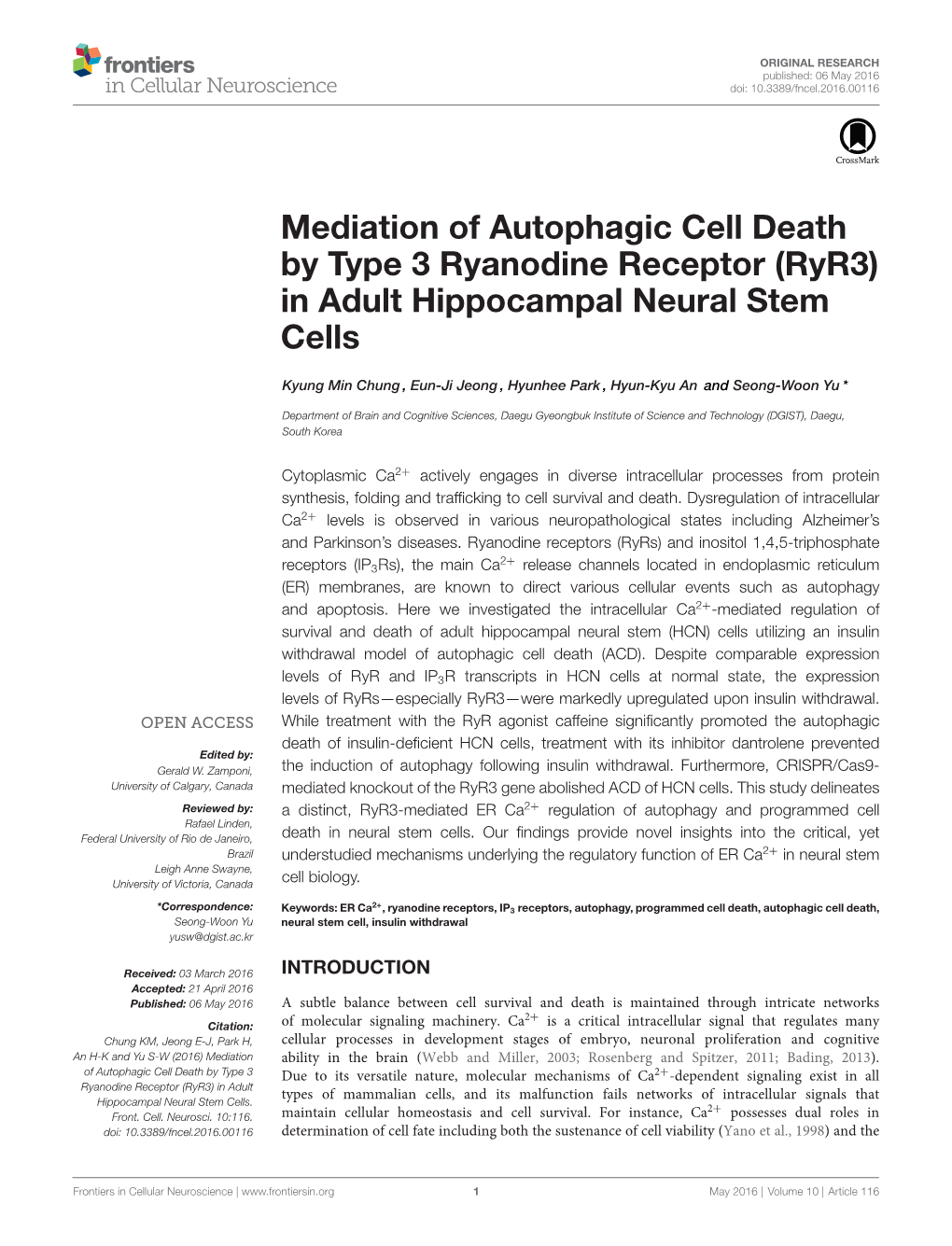 Mediation of Autophagic Cell Death by Type 3 Ryanodine Receptor (Ryr3) in Adult Hippocampal Neural Stem Cells