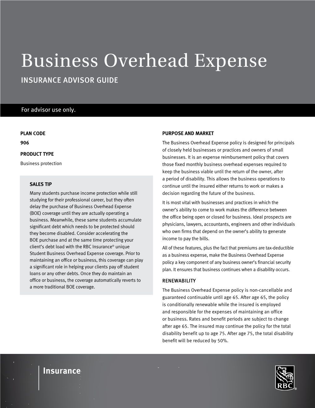 Business Overhead Expense INSURANCE ADVISOR GUIDE