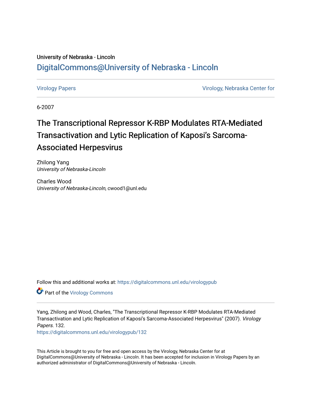 The Transcriptional Repressor K-RBP Modulates RTA-Mediated Transactivation and Lytic Replication of Kaposi’S Sarcoma- Associated Herpesvirus