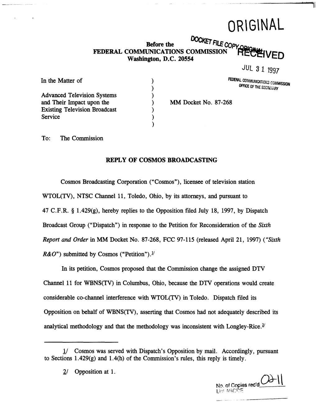 WBNS-TV DTV DIRECTIONAL PATTERNS (Relative Field) COSMOS BROADCASTING CORPORATION WTOL-TV TOLEDO, OHIO Du Treil, Lundin & Rackley, Inc