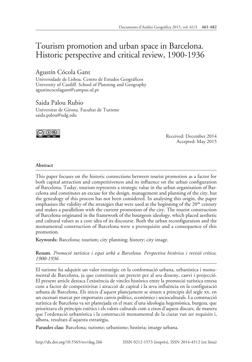 Tourism Promotion and Urban Space in Barcelona. Historic Perspective and Critical Review, 1900-1936