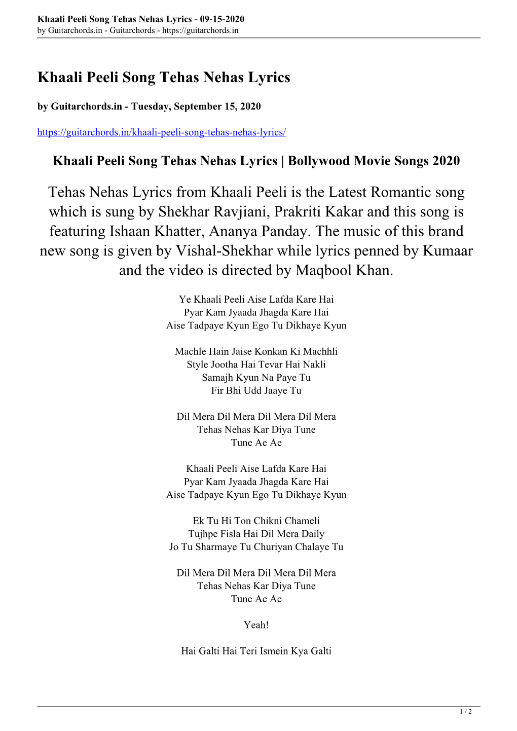 Khaali Peeli Song Tehas Nehas Lyrics - 09-15-2020 by Guitarchords.In - Guitarchords
