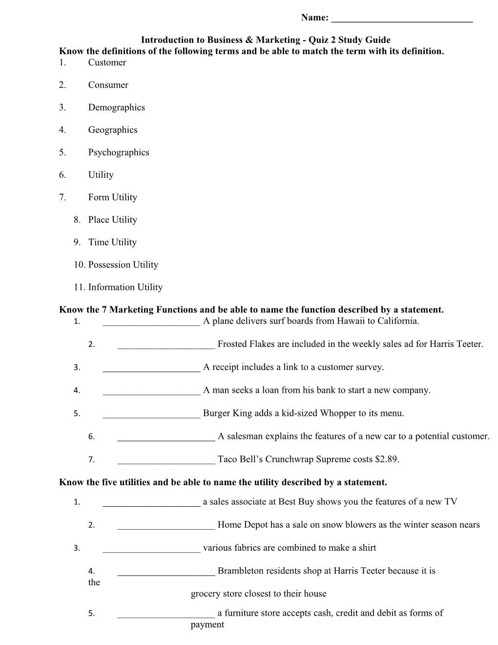 Introduction to Business & Marketing - Quiz 2 Study Guide