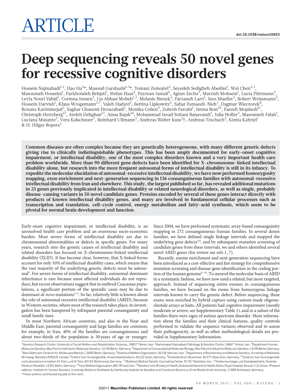 Deep Sequencing Reveals 50 Novel Genes for Recessive Cognitive Disorders
