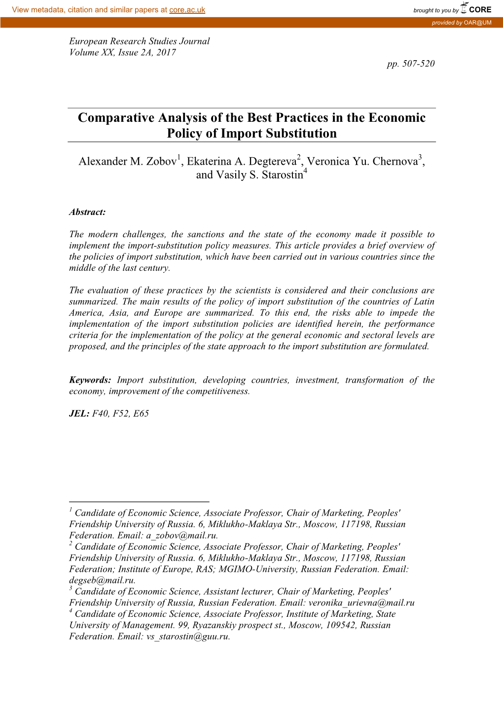 Comparative Analysis of the Best Practices in the Economic Policy of Import Substitution