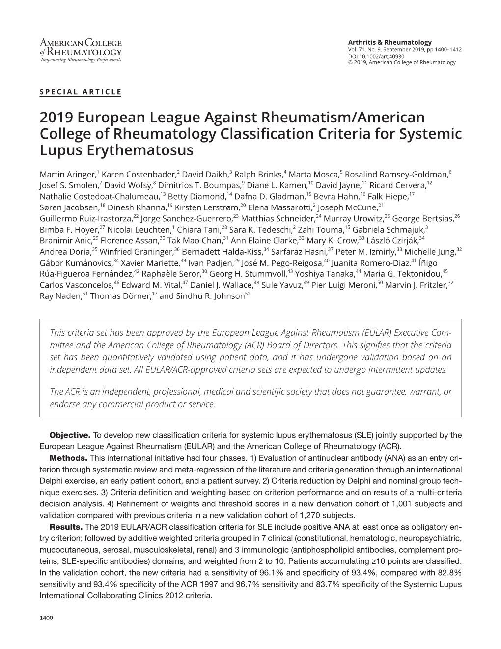 American College of Rheumatology Classification Criteria for Systemic Lupus Erythematosus