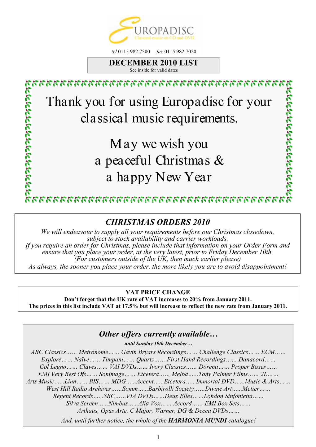 Thank You for Using Europadisc for Your Classical Music Requirements