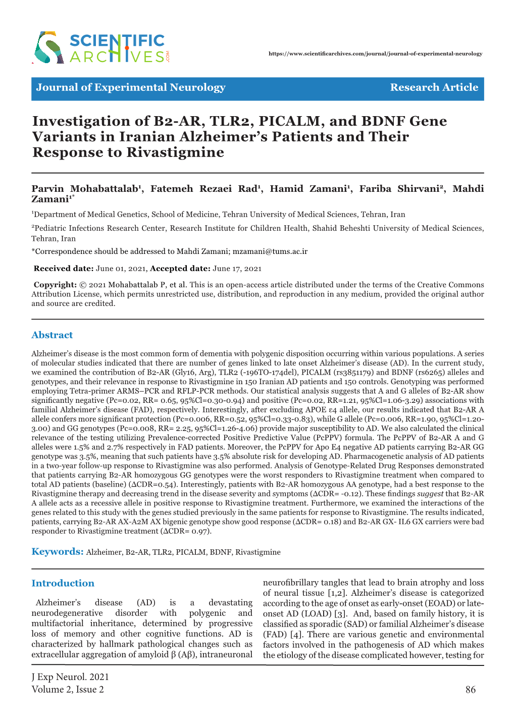 Investigation of B2-AR, TLR2, PICALM, and BDNF Gene Variants in Iranian Alzheimer’S Patients and Their Response to Rivastigmine