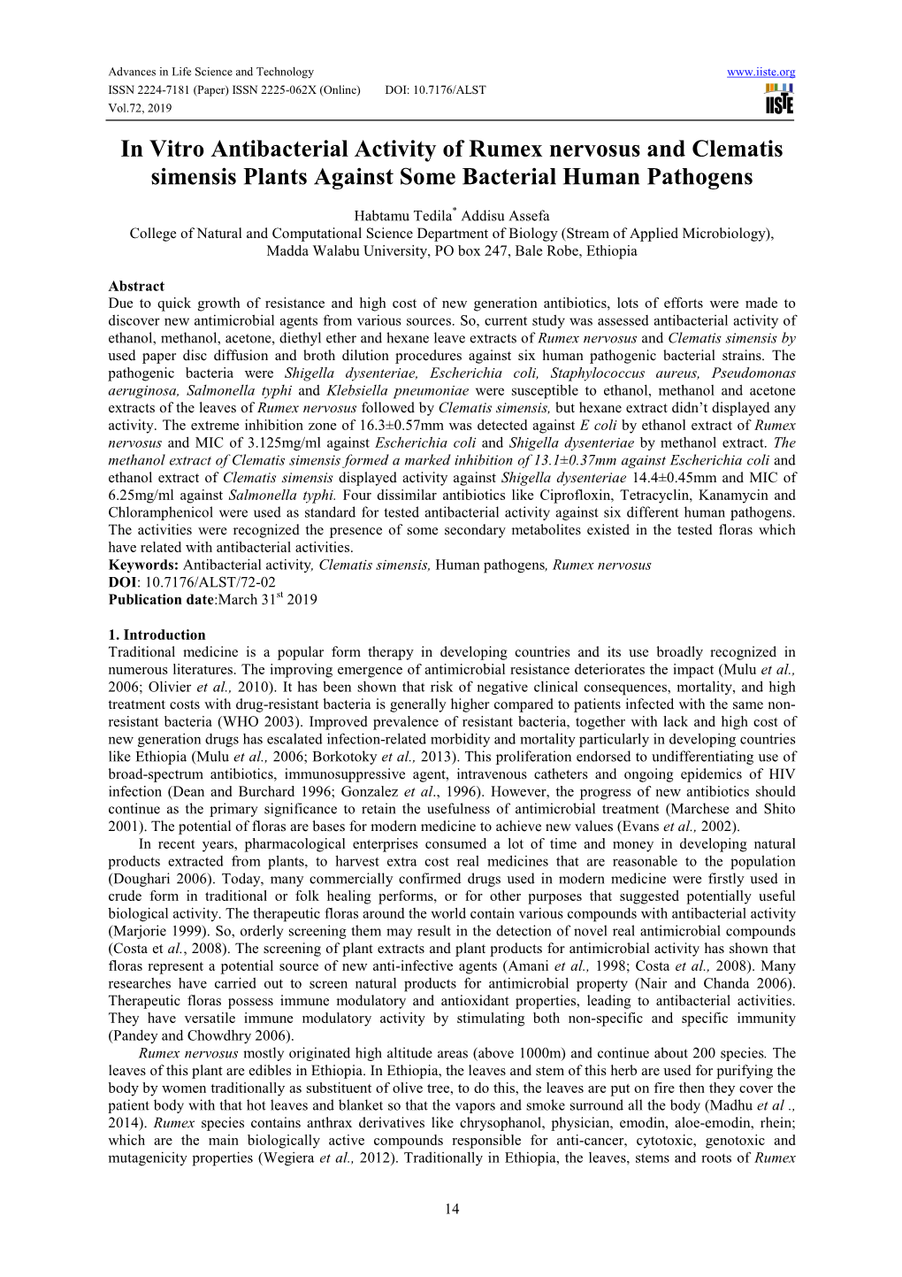 In Vitro Antibacterial Activity of Rumex Nervosus and Clematis Simensis Plants Against Some Bacterial Human Pathogens