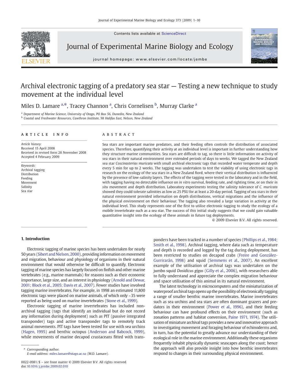 Archival Electronic Tagging of a Predatory Sea Star — Testing a New Technique to Study Movement at the Individual Level