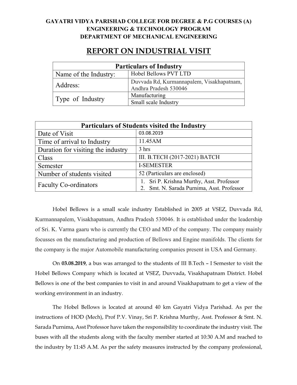 Report on Industrial Visit