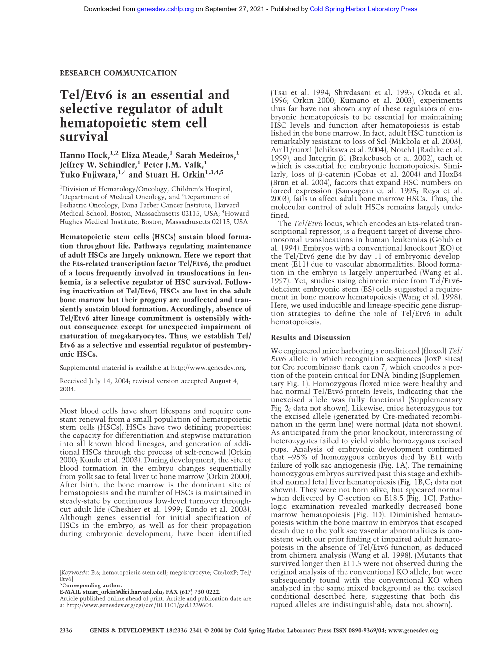 Tel/Etv6 Is an Essential and Selective Regulator of Adult Hematopoietic Stem Cell Survival