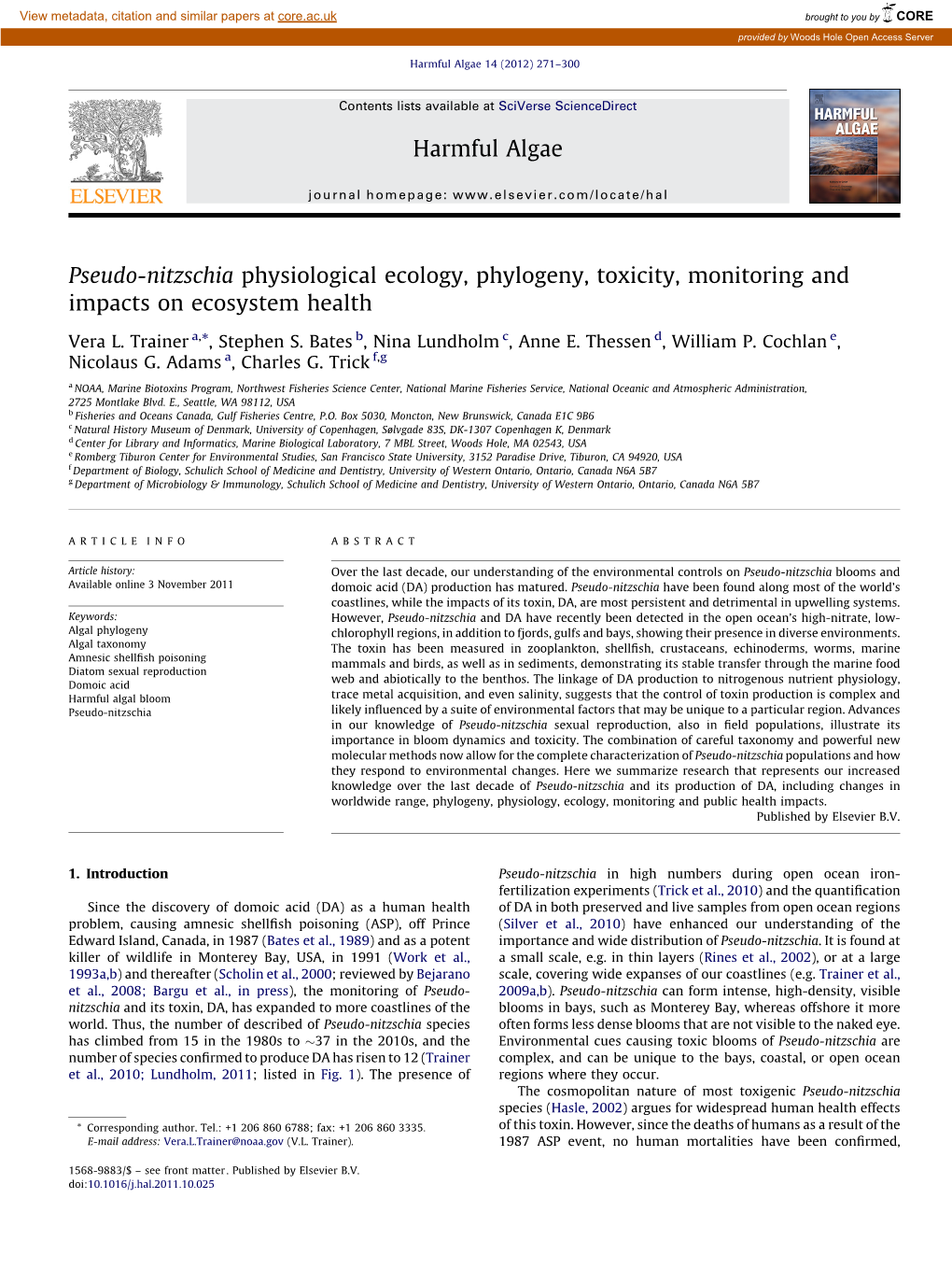 Pseudo-Nitzschia Physiological Ecology, Phylogeny, Toxicity, Monitoring And