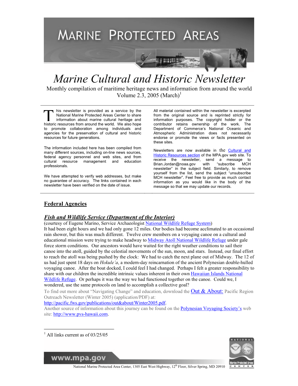 Marine Cultural and Historic Newsletter Monthly Compilation of Maritime Heritage News and Information from Around the World Volume 2.3, 2005 (March)1