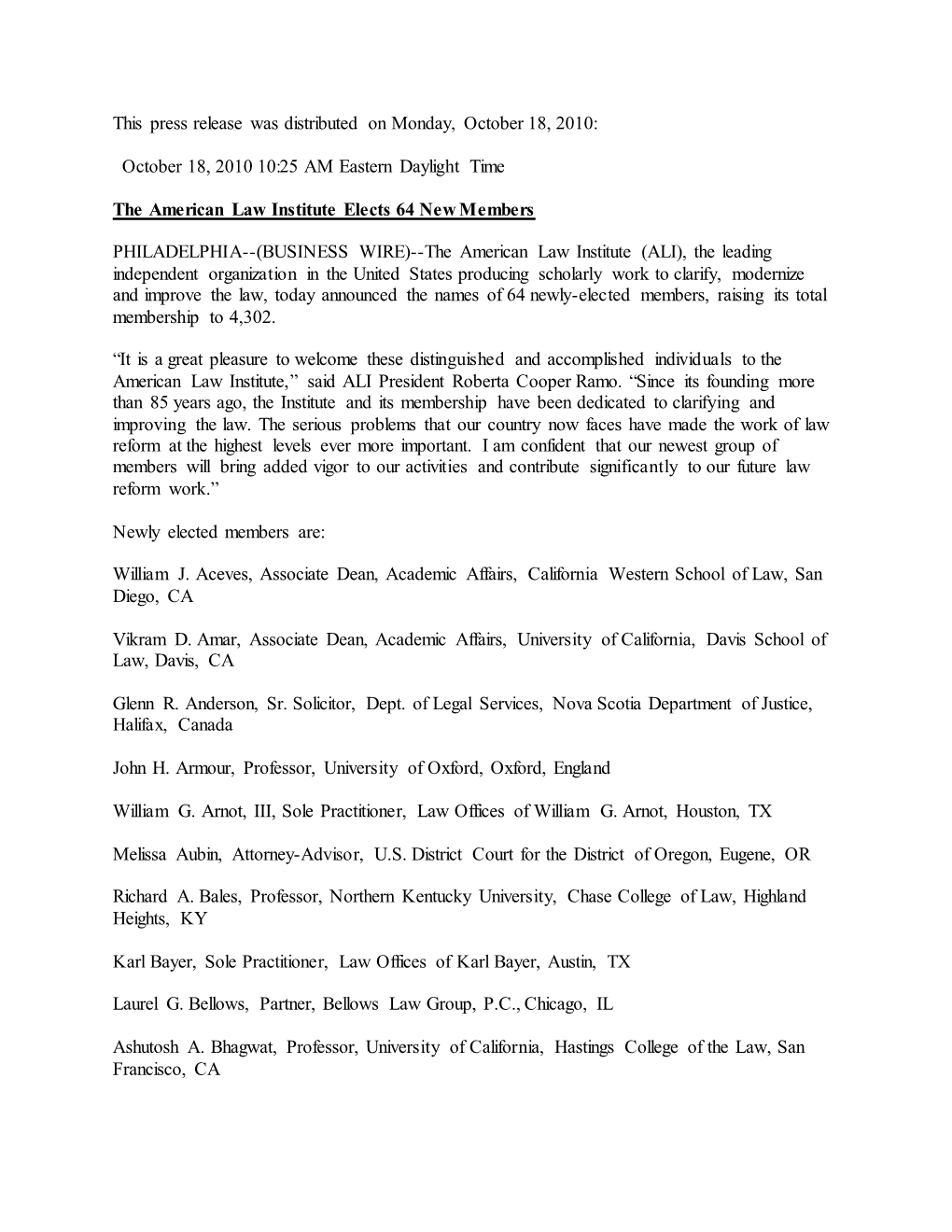 This Press Release Was Distributed on Monday, October 18, 2010