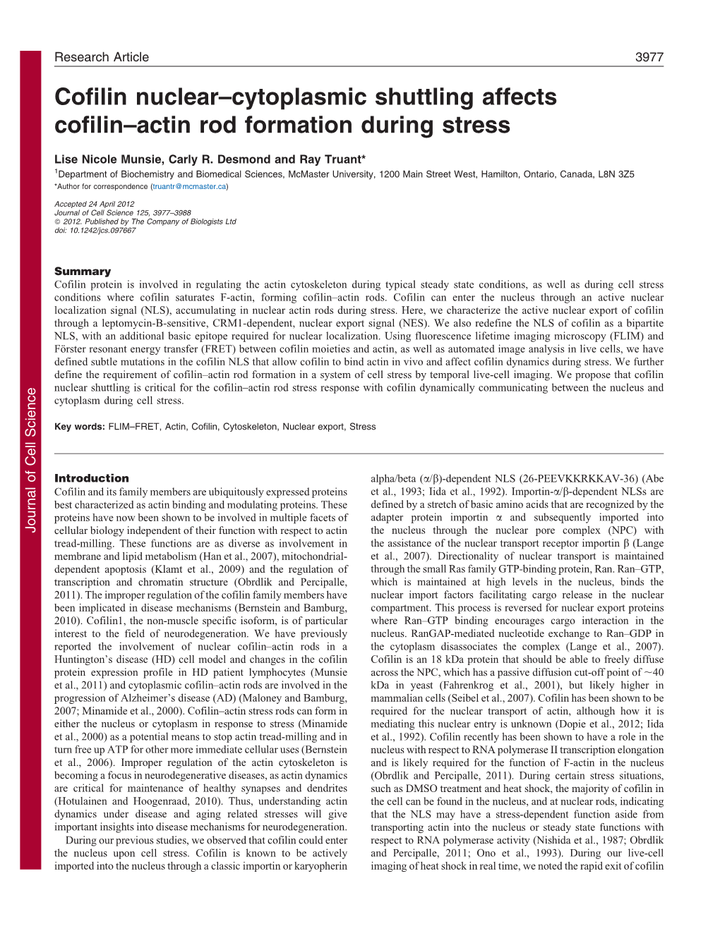 Cofilin Nuclear–Cytoplasmic Shuttling Affects Cofilin–Actin Rod Formation