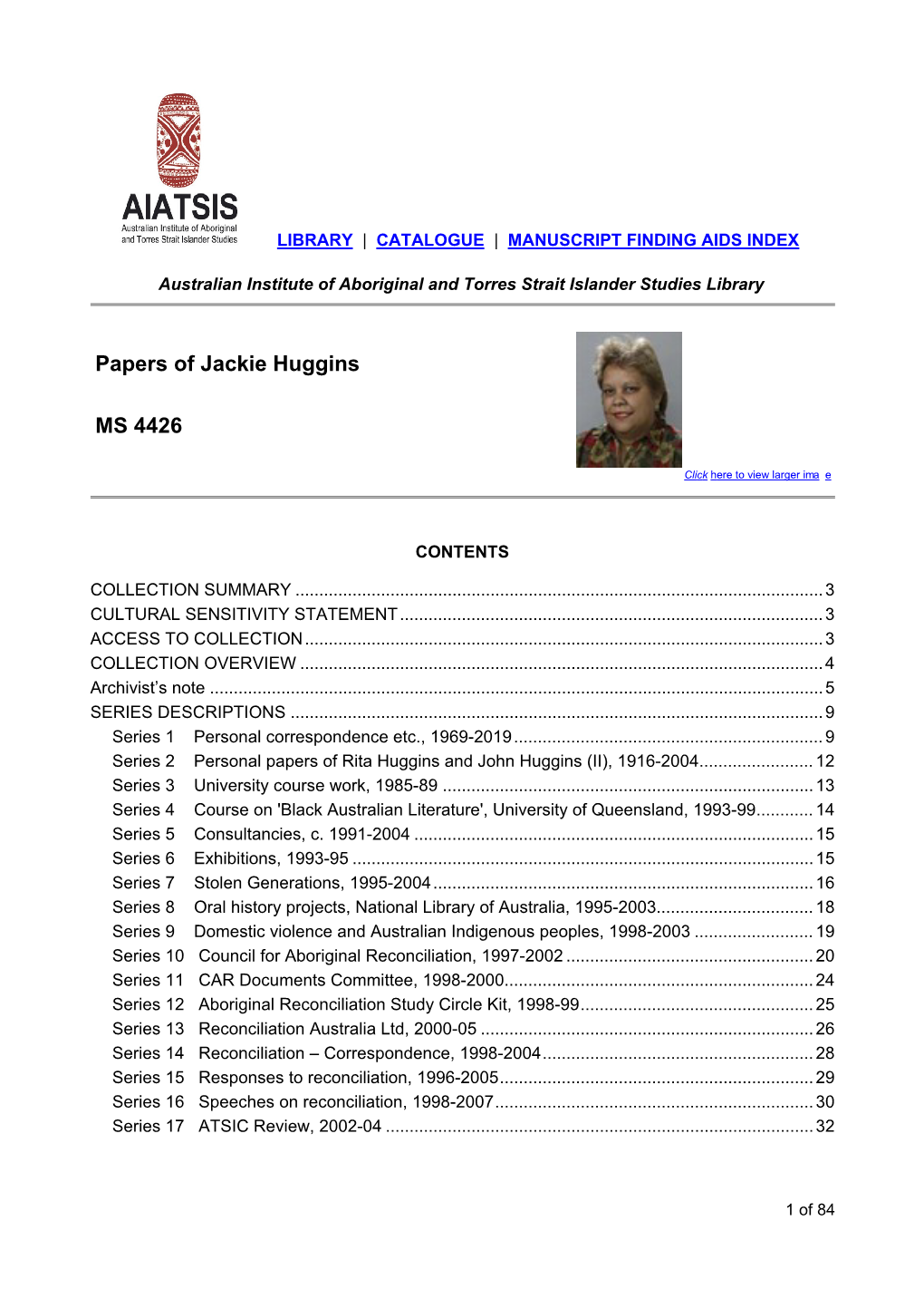Papers of Jackie Huggins MS 4426