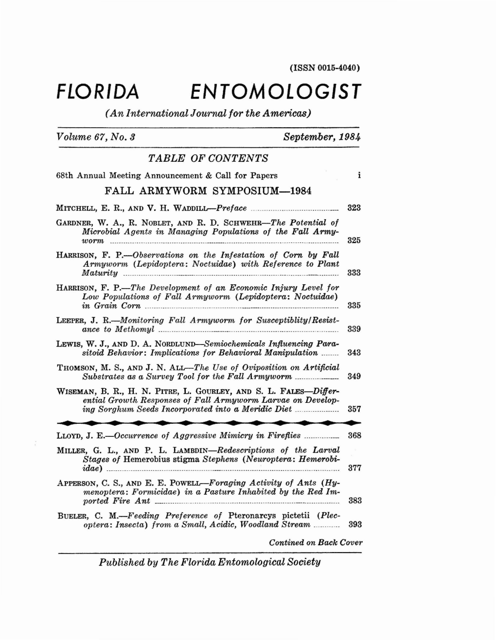 FLORIDA ENTOMOLOGIST (An International Journal for the Americas)