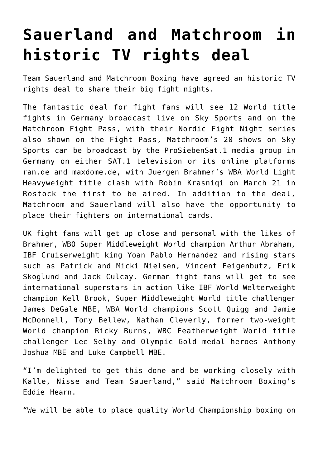 Sauerland and Matchroom in Historic TV Rights Deal