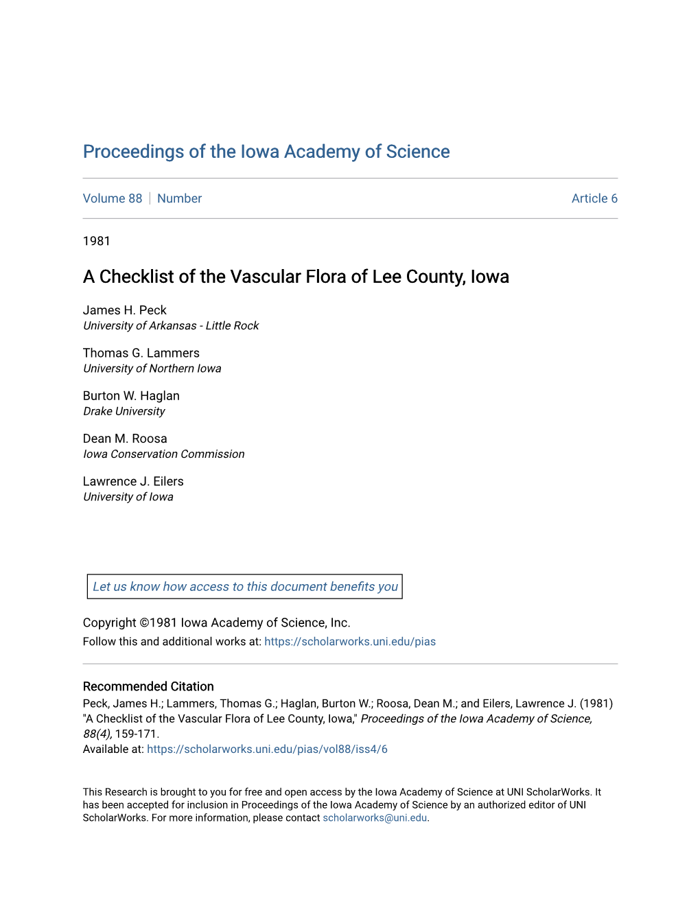 A Checklist of the Vascular Flora of Lee County, Iowa