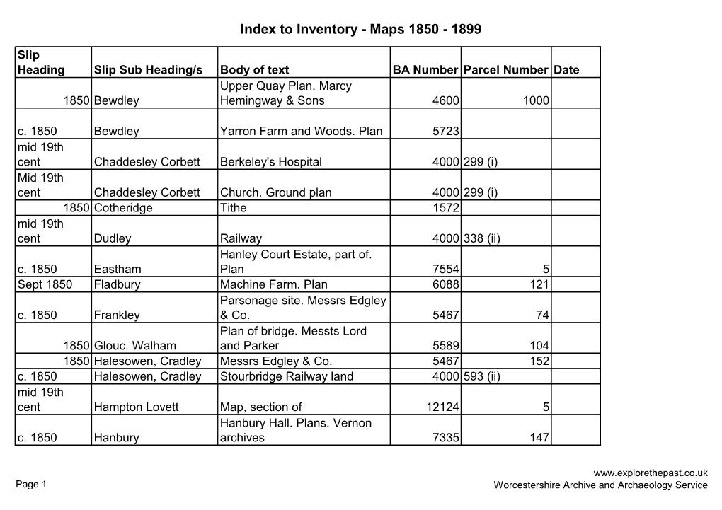 Index to Inventory - Maps 1850 - 1899