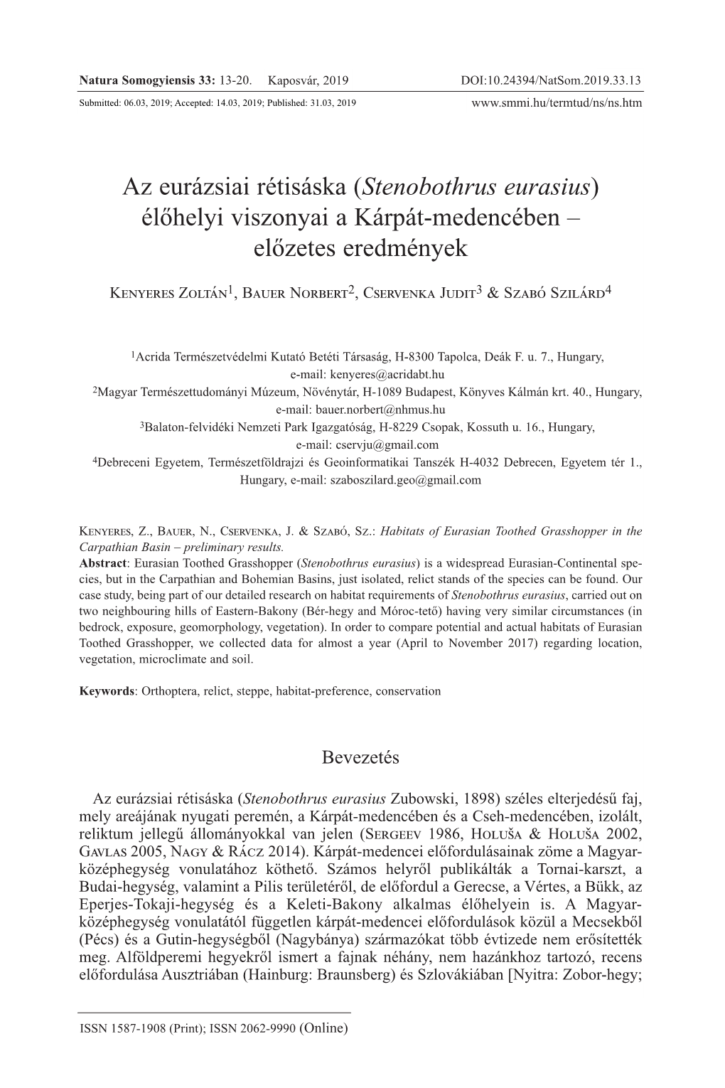 Az Eurázsiai Rétisáska (Stenobothrus Eurasius) Élőhelyi Viszonyai a Kárpát-Medencében – Előzetes Eredmények