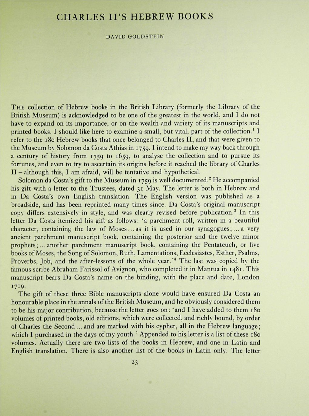 Charles II's Hebrew Books Backwards from the Date They Were Given by Da Costa to the British Museum in 1759