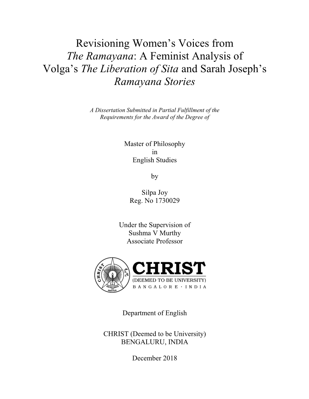 Revisioning Women's Voices from the Ramayana: a Feminist Analysis Of
