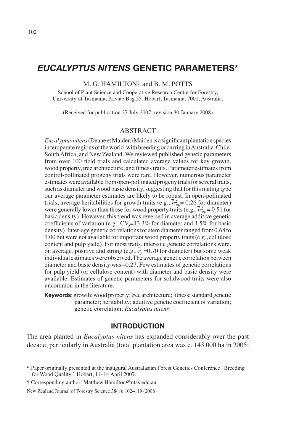 Eucalyptus Nitens Genetic Parameters*