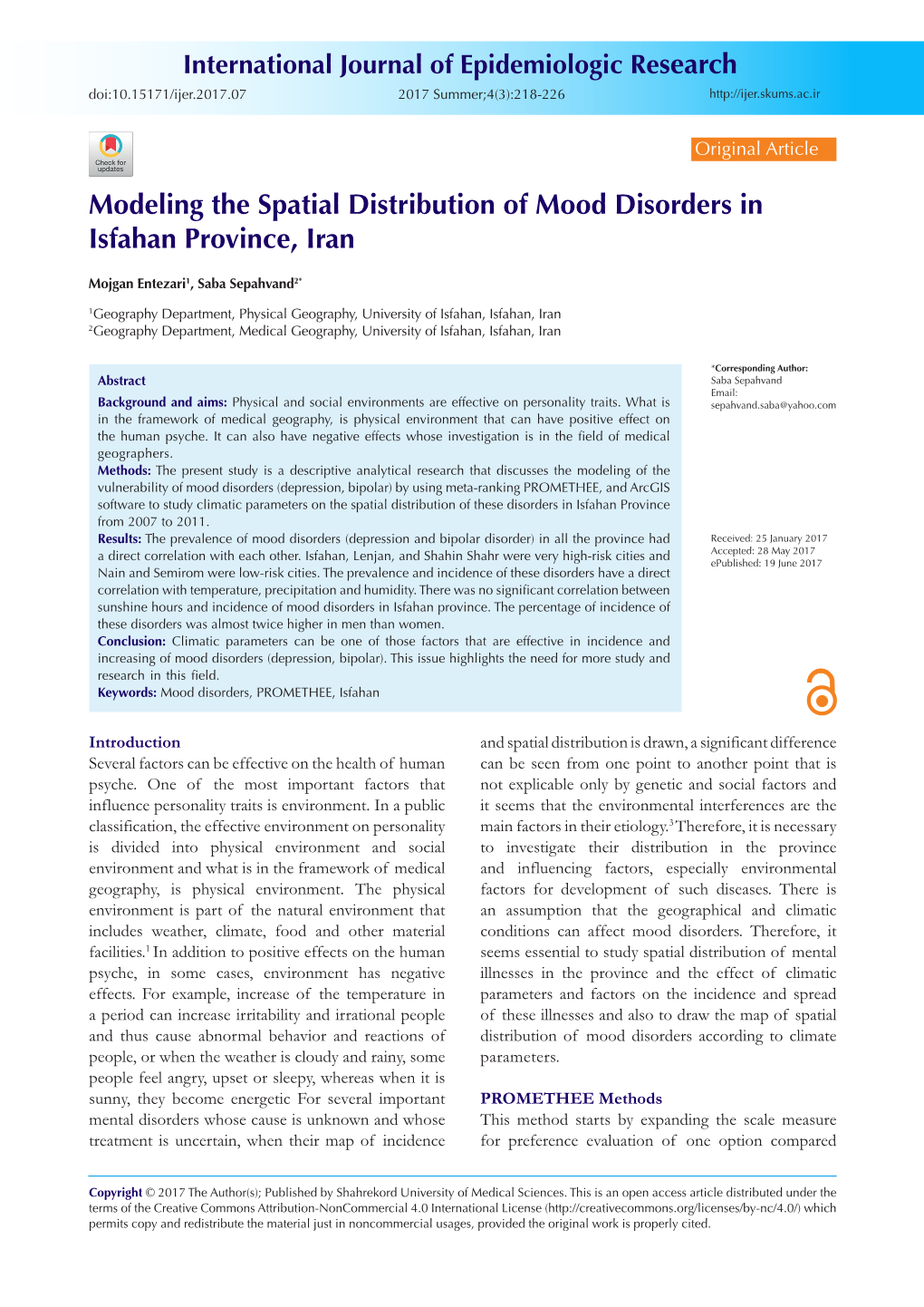 Modeling the Spatial Distribution of Mood Disorders in Isfahan Province, Iran