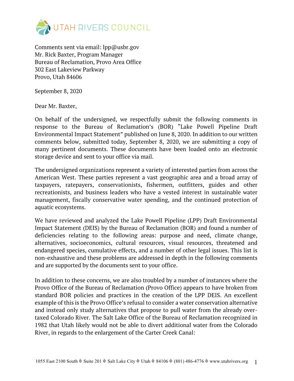 Comments Sent Via Email: Lpp@Usbr.Gov Mr. Rick Baxter, Program Manager Bureau of Reclamation, Provo Area Office 302 East Lakeview Parkway Provo, Utah 84606