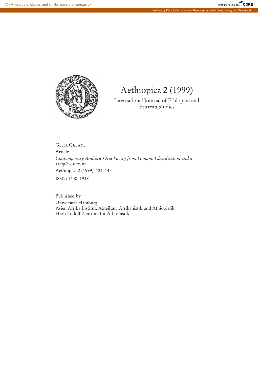 Aethiopica 2 (1999) International Journal of Ethiopian and Eritrean Studies