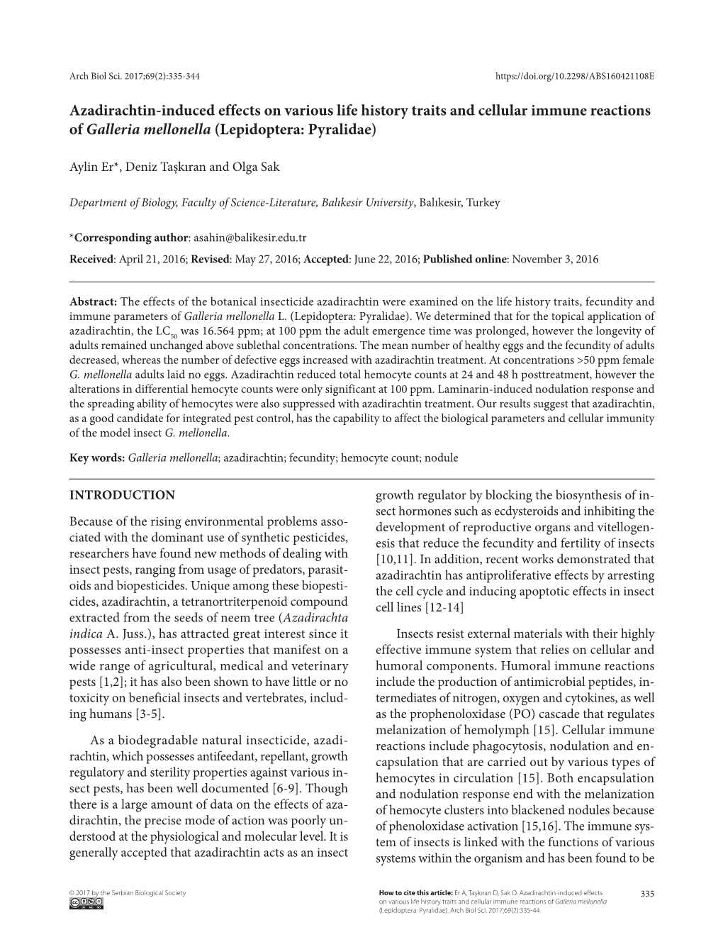 Azadirachtin-Induced Effects on Various Life History Traits and Cellular Immune Reactions of Galleria Mellonella (Lepidoptera: Pyralidae)