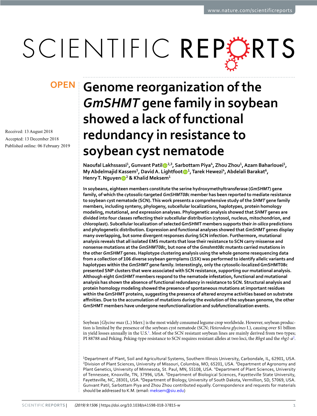 Genome Reorganization of the Gmshmt Gene Family in Soybean Showed a Lack of Functional Redundancy in Resistance to Soybean Cyst