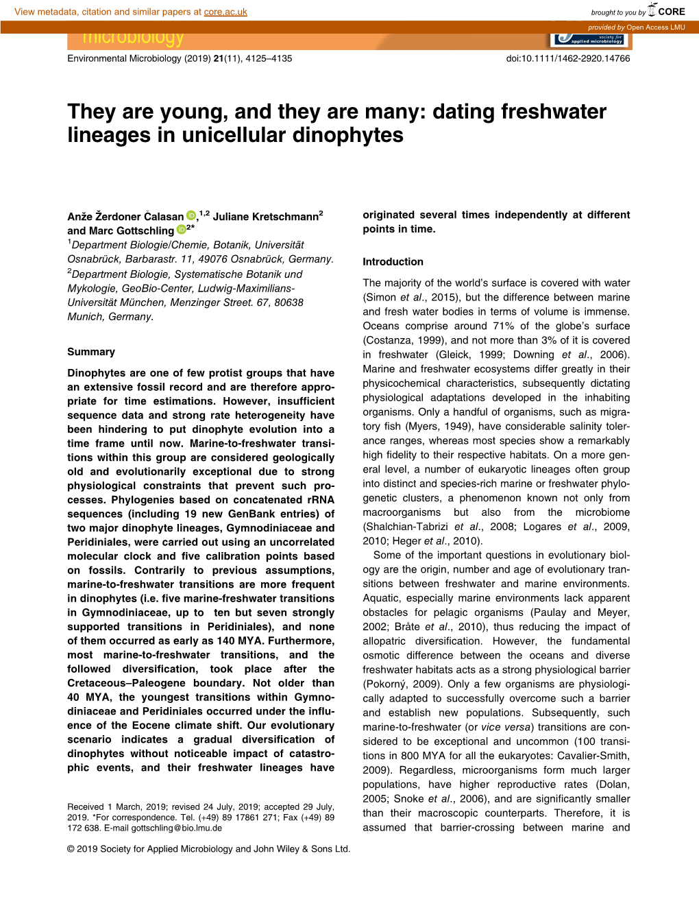 Dating Freshwater Lineages in Unicellular Dinophytes