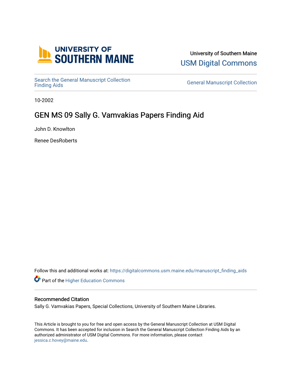 GEN MS 09 Sally G. Vamvakias Papers Finding Aid