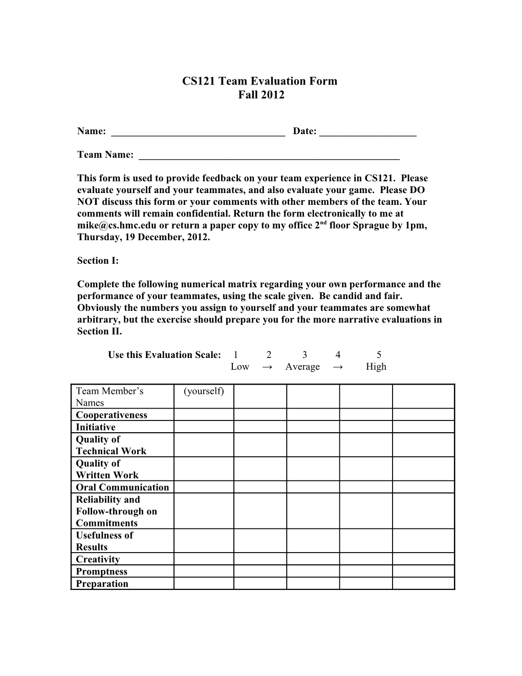 Clinic Project Evaluation Form